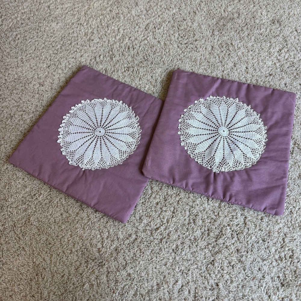 Handmade Mauve Purple Crochet Lace Doily Throw Pillow Covers Set of 2 Envelope